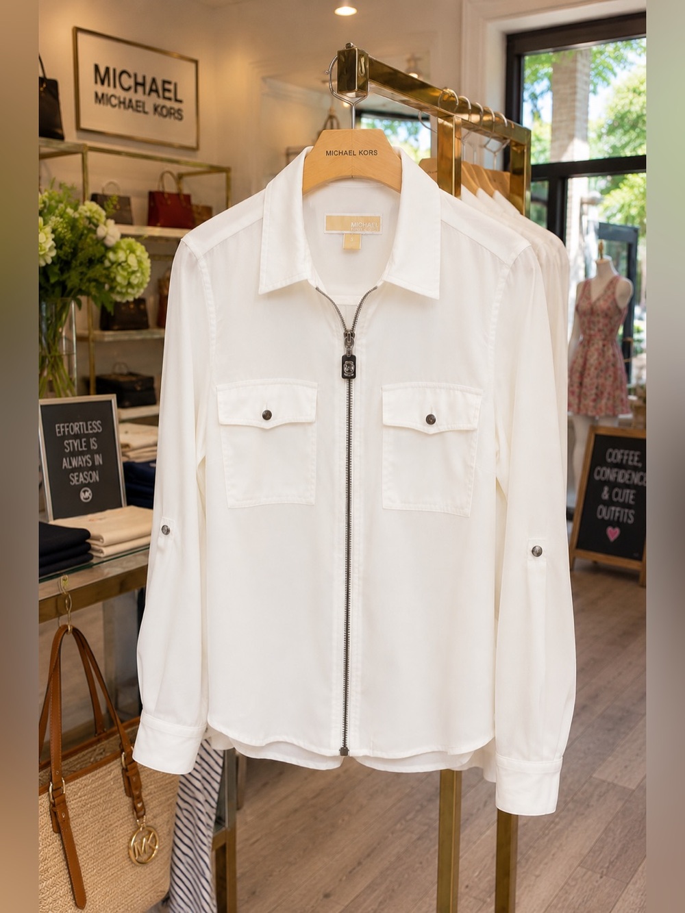 MICHAEL Michael Kors Zip Front Roll Tab Utility Blouse White Size Small - Picture 2 of 12